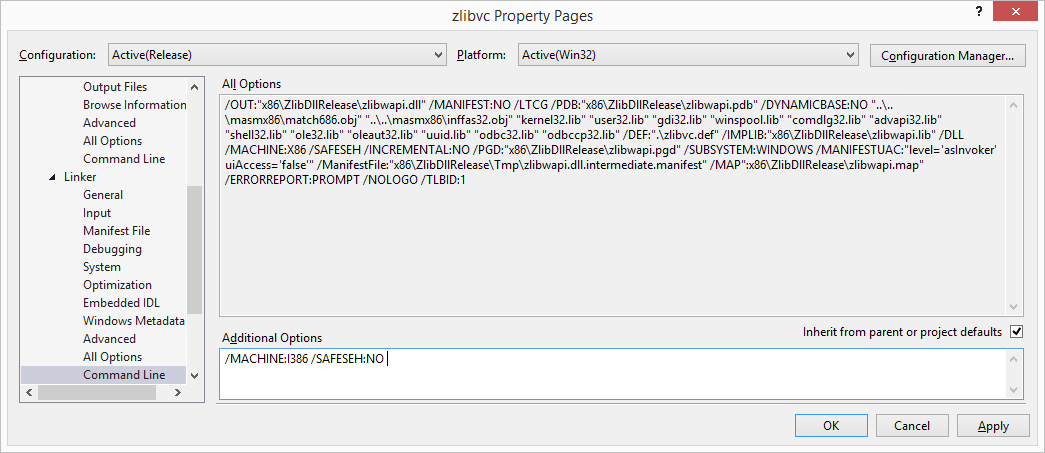 Compiling the zlib compression library with Visual Studio 2013 ...